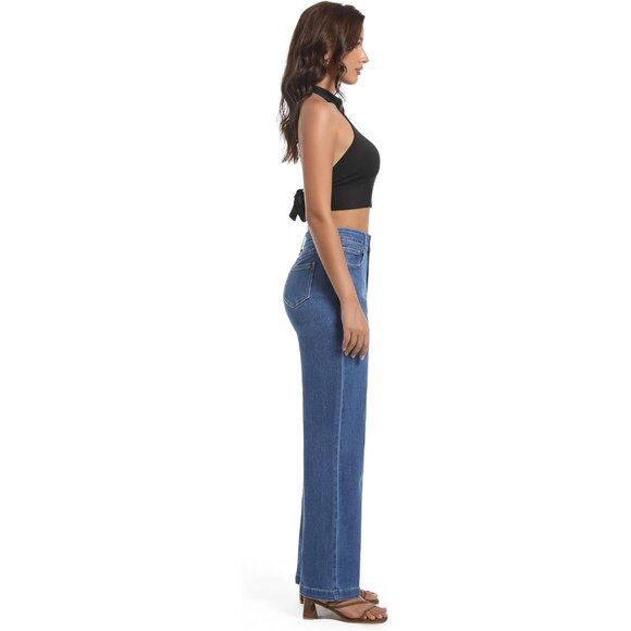 Women's High Waisted Stretchy Denim Jeans Casual Tummy Control Wide Leg - Picture 5 of 5
